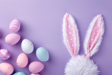 Overhead view of cute easter bunny ears with easter eggs. Blank space for text