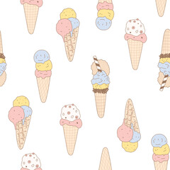 Seamless pattern with different kinds of ice cream in retro style
