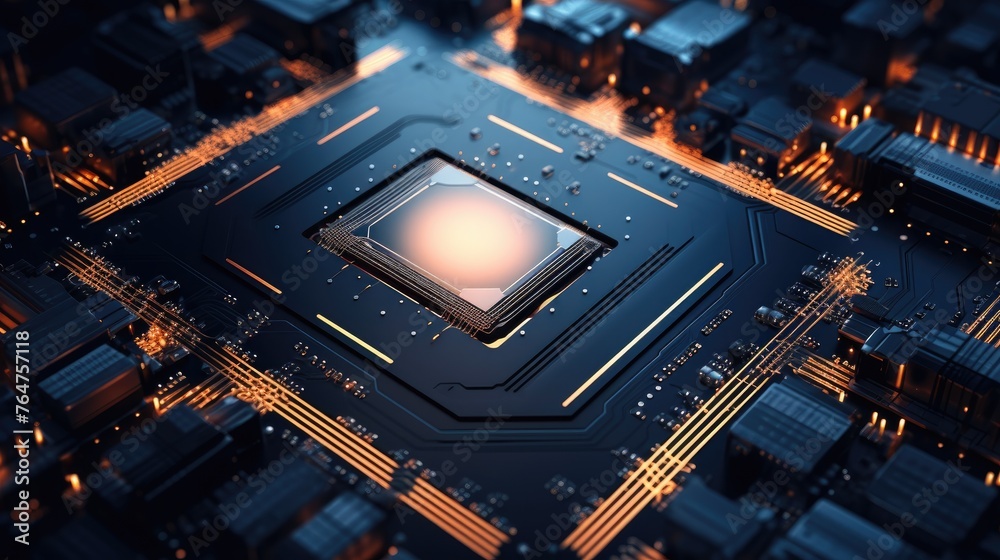 Fototapete Computer motherboard with CPU. Circuit board system chip with core processor. Computer technology background.