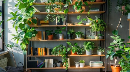 Fototapeta na wymiar Modern wooden bookshelf with plants in interior