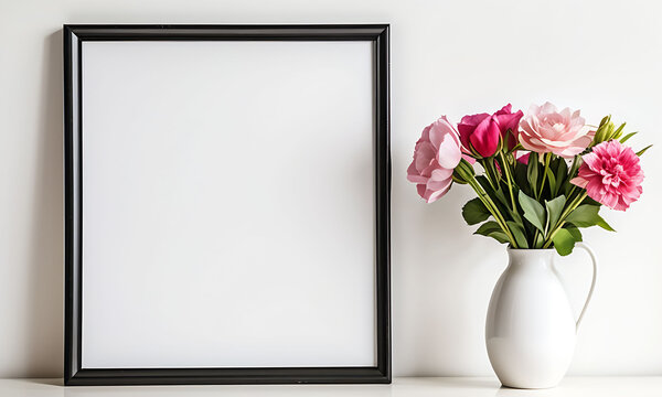 Beautiful photo frame with leaves on a white background.