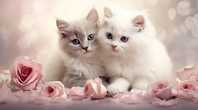 Deux petits chats sur un fond avec des fleurs et des coeurs. Animal domestique, chat, chaton, mignon, amour. Fond pour conception et création graphique.