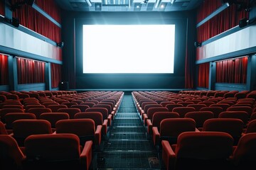 Empty cinema interior with red seats and white screen