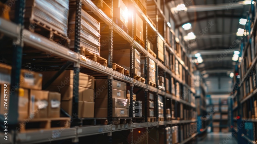 Poster shelves lined with boxes in a distribution center