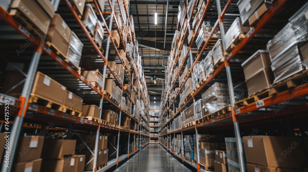 Poster shelves lined with boxes in a distribution center