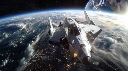 Obraz premium A realistic fighter jet is seen flying over the darkened Earth during nighttime. The jet is illuminated by its own lights against the backdrop of city lights and the planet below.