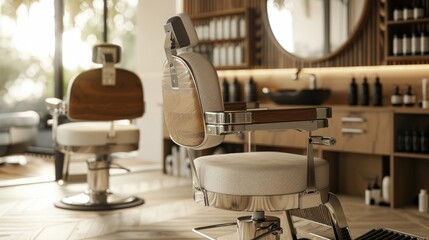 Fototapeta na wymiar Stylish salon chair in chic barbershop hairdresser