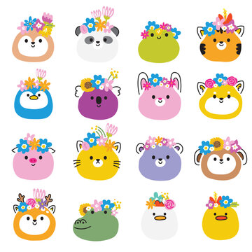 Set of cute face animals wear flower crown.Spring time.Floral.Nature.Animal smile head cartoon character design collection.Hand drawn.Baby graphic.Kawaii.Vector.Illustration. 