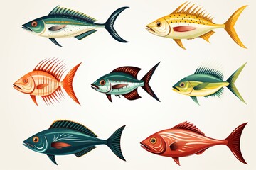 Colorful fish icons set on white, cute cartoon style, sea life symbols collection