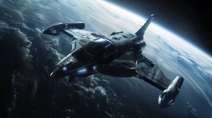 A photo realistic spaceship is seen soaring gracefully through the atmosphere above Earth. The spaceship appears sleek and futuristic, contrasting against the backdrop of the planet below.