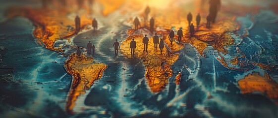 Silhouettes of diverse people standing across a textured world map, symbolizing global connection and travel.