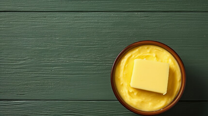 Bowl with melting butter or cheese on green background, top view, copy space. Dairy products - obrazy, fototapety, plakaty