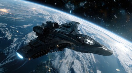A spaceship is seen flying over the Earth in the vastness of space, showcasing a futuristic and technological scene with the planet in the background. The spacecraft appears to be in motion, soaring