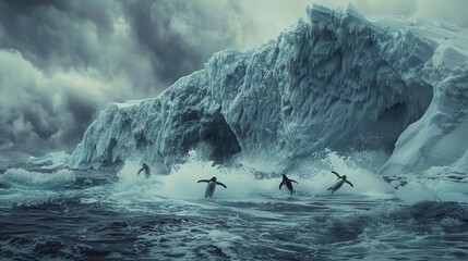 A group of penguins riding waves in the ocean near a massive iceberg. The surfers are skillfully navigating the waves while the iceberg looms in the background.