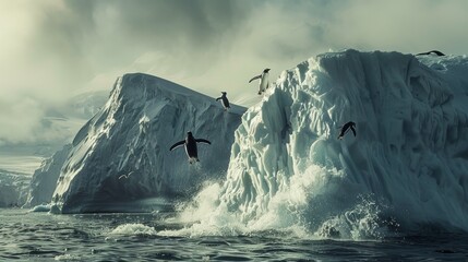 A group of penguins birds soar over a massive iceberg in the vast ocean. The birds appear to be in graceful flight, contrasting with the icy, rugged terrain below.