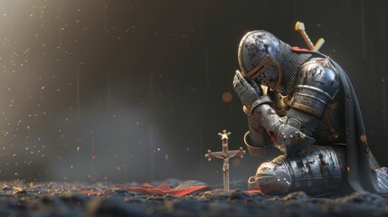 A noble digital knight kneeling in prayer - obrazy, fototapety, plakaty