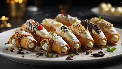 Assorted cannoli filled with creamy ricotta and topped with fruits, nuts, and chocolate on a refined plate