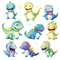 Set of Dinosaurs, Cartoon clipart watercolor art styles hand drawn Illustration