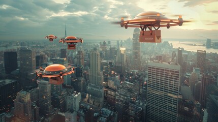 Group of orange delivery drones. Vast cityscape dominated by numerous towering buildings reaching into the sky. The scene showcases the urban landscape teeming with activity and modern architecture.