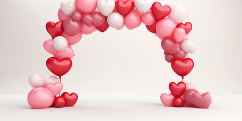 A mockup of a Valentine’s Day event entrance with a balloon arch in reds and pinks on one side сreated with Generative Ai