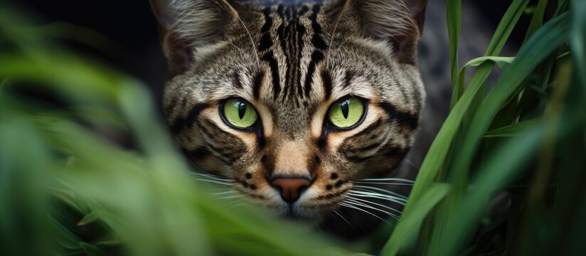 An image featuring a cat gazing directly at the camera while partially hidden behind tall green grass