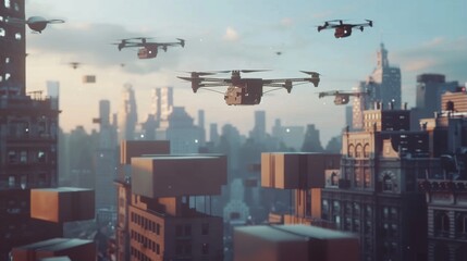 A group of military planes (delivery drones) soaring through the sky over a bustling city. The planes are in formation, showcasing precision and power as they pass over skyscrapers and urban