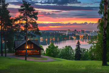 Enchanting Panoramic View of Jyväskylä Cityscape Amidst Nature's Wonders in Finland - obrazy, fototapety, plakaty
