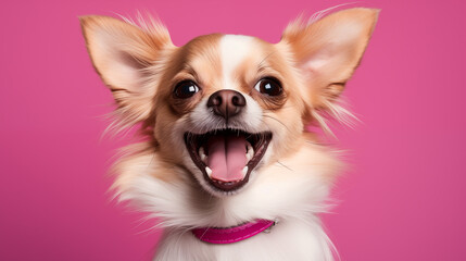 Photographie d'un chien en studio sur un beau fond color&eacute;. Animal, domestique, chiens, mignon. Fond pour conception et cr&eacute;ation graphique.