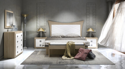 Interior design of a double bedroom with minimalist trend furniture, vintage style, augmented reality, mockup,