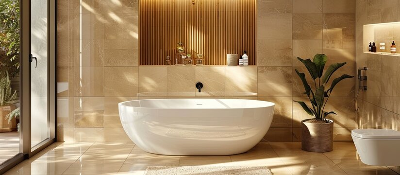 A spacious bathroom featuring a large white tub and a modern sink with sleek fixtures