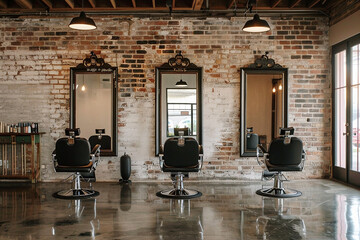 Interior of modern hair beauty salon in loft design - obrazy, fototapety, plakaty