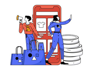 Holiday shopping people doing e-commerce online shopping flat vector concept operation hand drawn illustration
