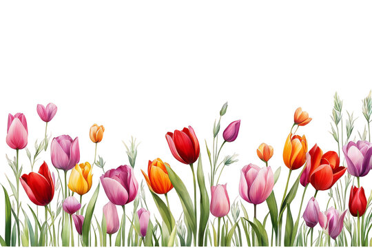 Tulips flower meadow, tulips flower overlay, flower meadow frame border on white background watercolor vector cute illustration clipart, colorful floral arrangements, decorative element, clipart,
