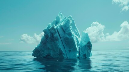 An imposing iceberg floats in the vast ocean, showcasing the power of nature as it slowly moves through the water. The iceberg stands tall and majestic against the backdrop of the open sea.