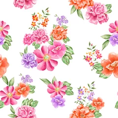  Watercolor flowers pattern, pink, orange and purple tropical elements, green leaves, white background, seamless © Leticia Back