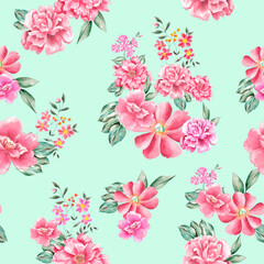 Watercolor flowers pattern, red tropical elements, green leaves, green background, seamless