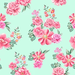 Foto auf Acrylglas Watercolor flowers pattern, red tropical elements, green leaves, green background, seamless © Leticia Back