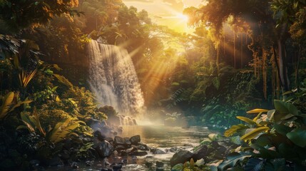 A waterfall flows down from a rocky cliff surrounded by thick foliage in a vibrant jungle setting. The water cascades down gracefully, creating a soothing sound as it splashes into a pool below.