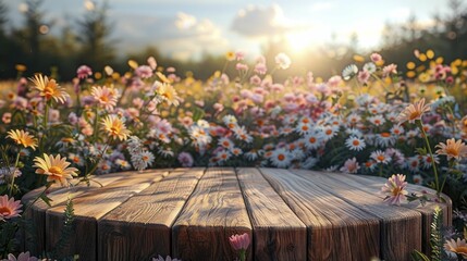 Discover a captivating showcase with a blooming floral podium against a spring meadow backdrop, perfect for showcasing natural beauty products. - obrazy, fototapety, plakaty