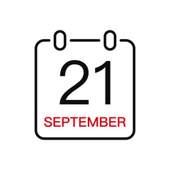 September 21 date on the calendar, vector line stroke icon for user interface. Calendar with date, vector illustration.