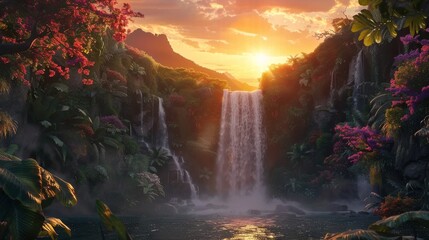 A painting depicting a cascading waterfall in a lush Asian jungle, illuminated by the warm golden hues of a setting sun. The water rushes down the rocky cliffs, creating a mesmerizing scene of