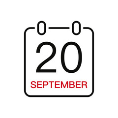 September 20 date on the calendar, vector line stroke icon for user interface. Calendar with date, vector illustration.