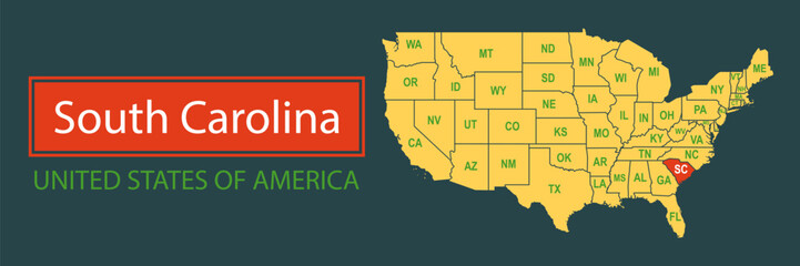 Banner, highlighting the boundaries of the state of South Carolina on the map of the United States of America. Vector map borders of the USA South Carolina state.