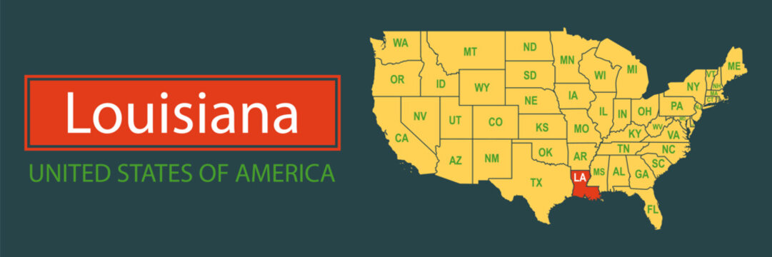 Banner, highlighting the boundaries of the state of Louisiana on the map of the United States of America. Vector map borders of the USA Louisiana state.