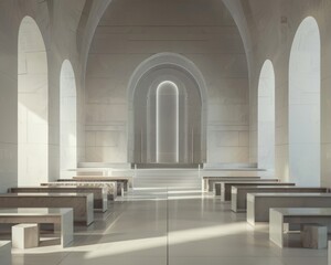 Obraz premium Cathedral interior with minimalist marble arches bathed in soft diffused light