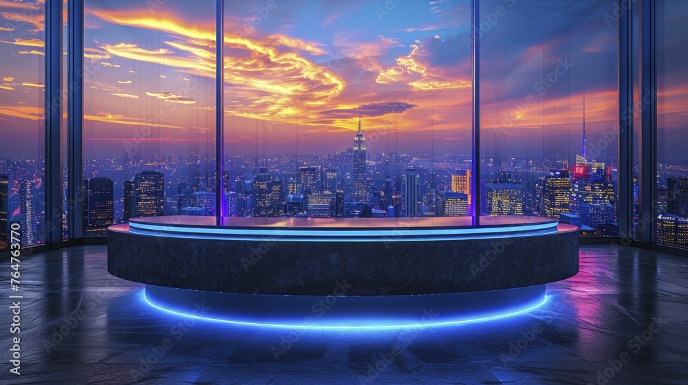 Canvas Prints Highlighting cutting-edge electronic products on a futuristic cityscape backdrop, the dynamic holographic podium captivates with a front view focus.