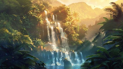 A painting depicting a cascading waterfall in a dense Asian jungle, with green foliage and trees surrounding the scene. The water flows energetically down the rocks, creating a mesmerizing sight.
