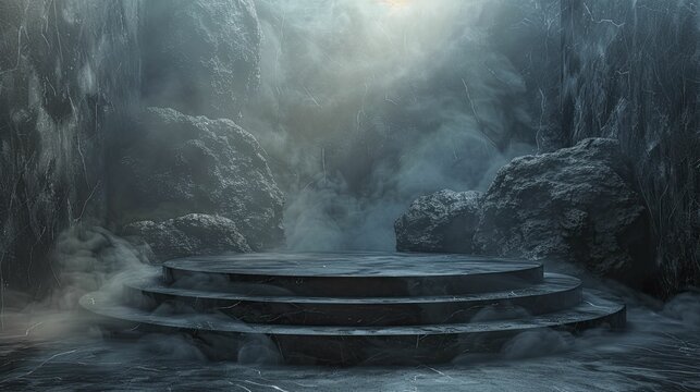 Enigmatic Black Velvet Podium, front view focus, with a Secret Witch's Lair Background, ideal for Halloween and occult product displays