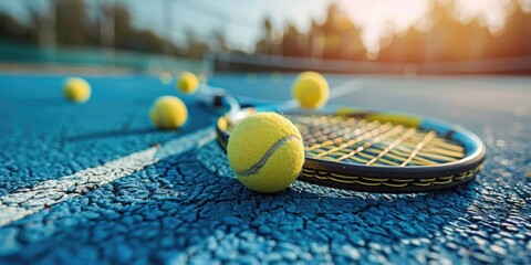 tennis rackets and tennis balls lying on green tennis court. ai generated
