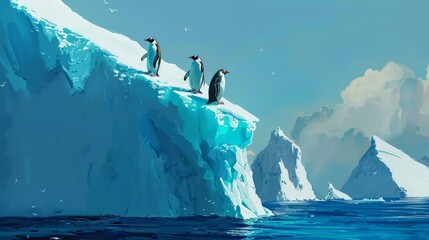 A group of penguins are standing on top of an iceberg, surrounded by icy waters. The penguins are huddled together, seemingly observing their icy surroundings.